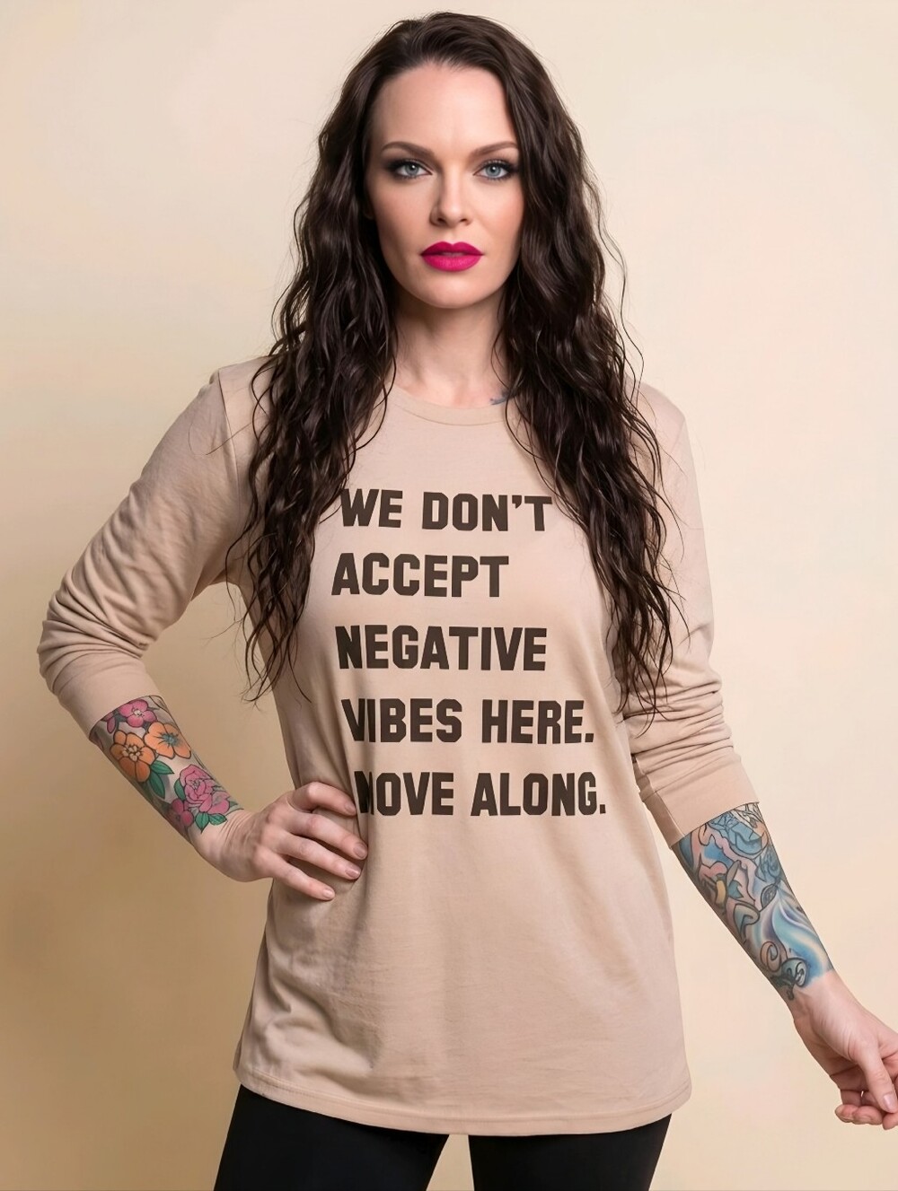 Fashion Nova Negative Vibes Long Sleeve Top Beige Slogan Graphic Crew Sz XS NWT